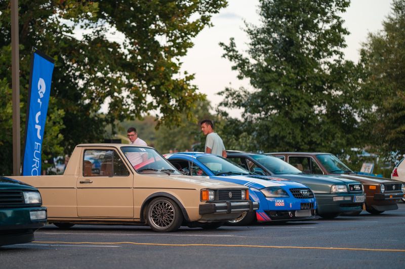A row of classic Volkswagens and Audis parked together at dusk, including a tan VW pickup and a blue Audi TT with a racing stripe